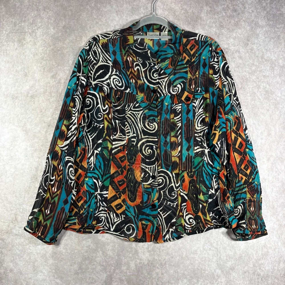 Chico's Blouse Women‎ Size 3 Multicolor Abstract Tribal Button Up 100% Silk Top
